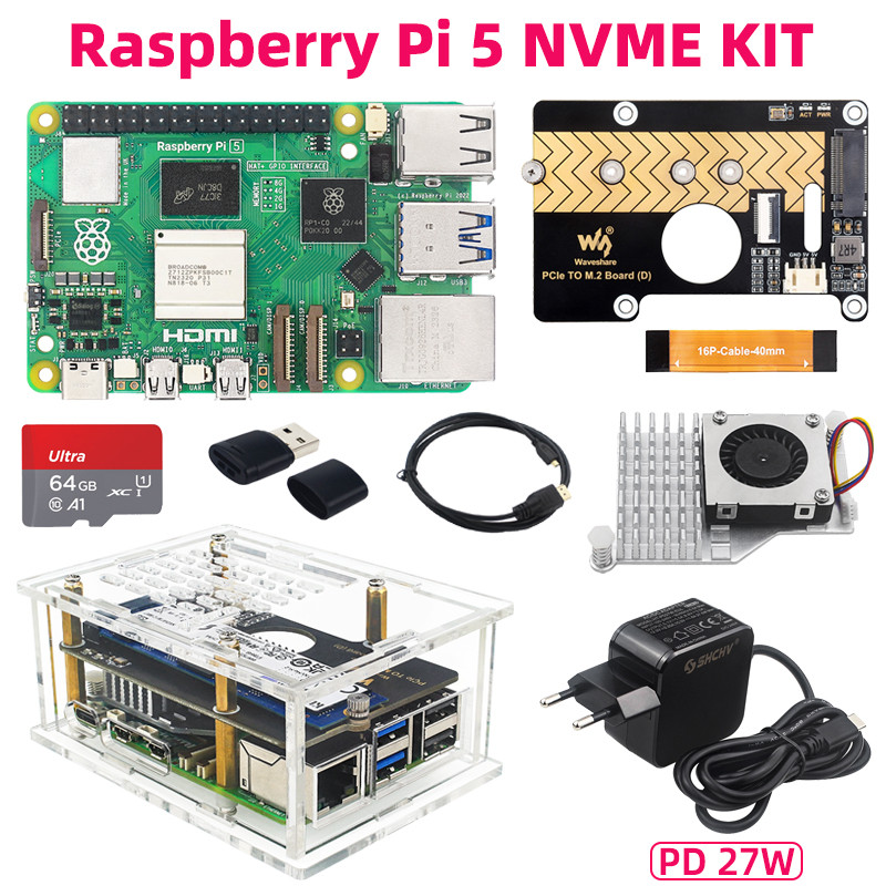 RPi 5 PCIe ถึง M.2 NVME ชุด 4G 8G 16GB RAM Active Cooler 27W PD แหล่งจ่ายไฟเปลือกอะคริลิค TF การ์ดชุ