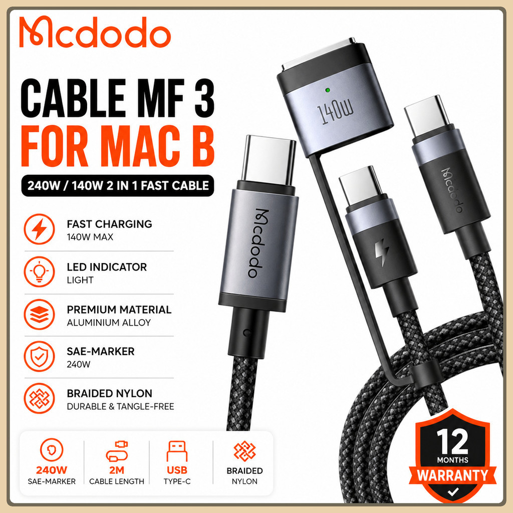 1Yr Warranty MCDODO Flash 140W 240W C to C หรือ MgSfe สายแม่เหล็กพร้อม LED 2M CA 1470 0140 อุปกรณ์เส