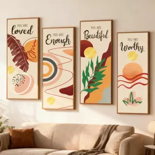 ชุดภาพวาด 4 ชิ้น กรอบไม้ สไตล์มินิมอล ชุดใหม่ Enjoy Life ลายธรรมชาติและสปา ตกแต่งห้องครัว ห้องน้ำ ห้องนั่งเล่น