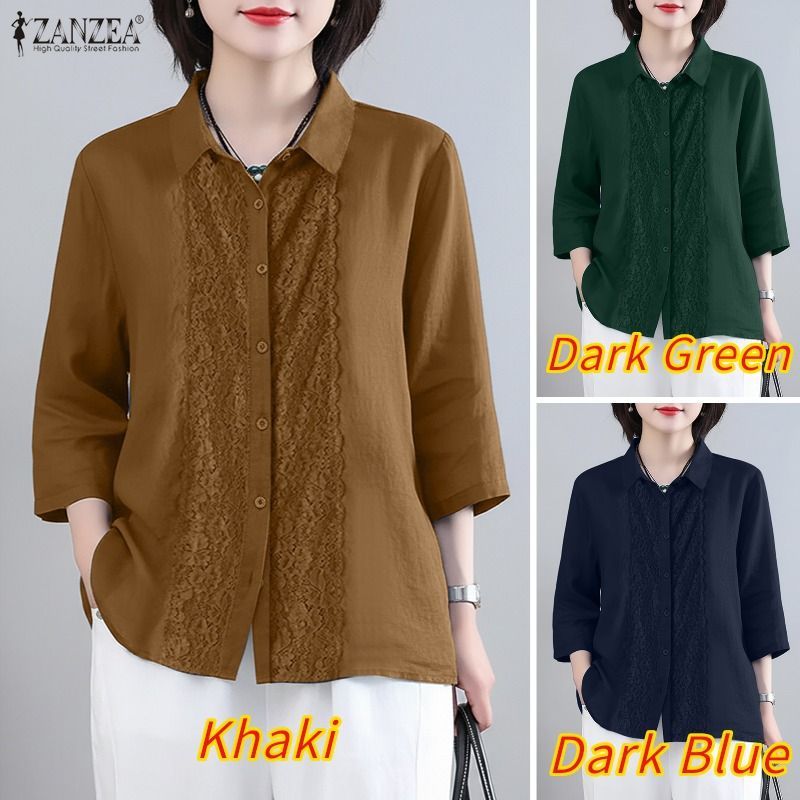 ZANZEA ผู้หญิงเกาหลี Elegant Chic Turn-Down-Collar 3/4 แขนลูกไม้ Splicing ปุ่มลงเสื้อ — صورة 3