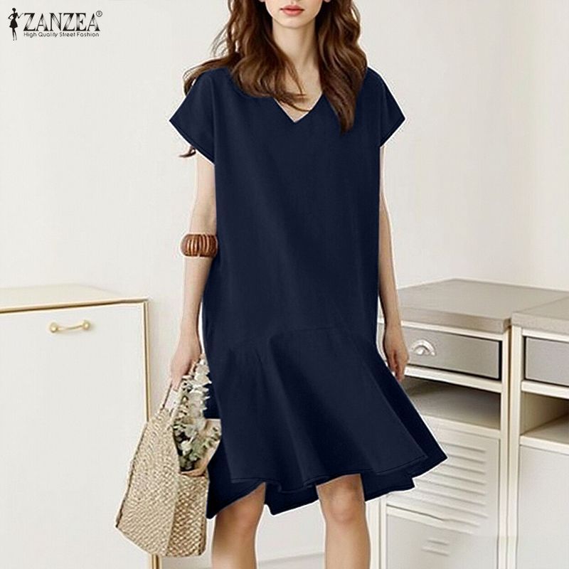 ZANZEA Celmia ผู้หญิงแฟชั่นเกาหลีคอวีแขนสั้นสีทึบจีบ Patchwork Simple Dress — صورة 4