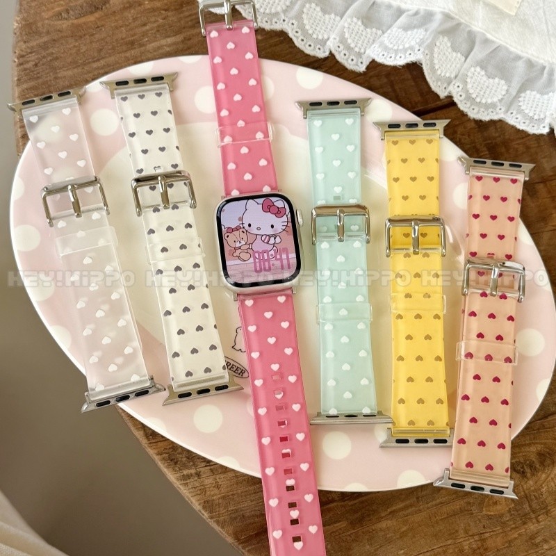 สายTPUสีชมพูเหมาะสําหรับIWatch 49/46/45/44/42/41/40/38มม.ภาพวาดรูปหัวใจเหมาะสําหรับIWatch 11/10/9/8/7/6/5/4/3/2/1