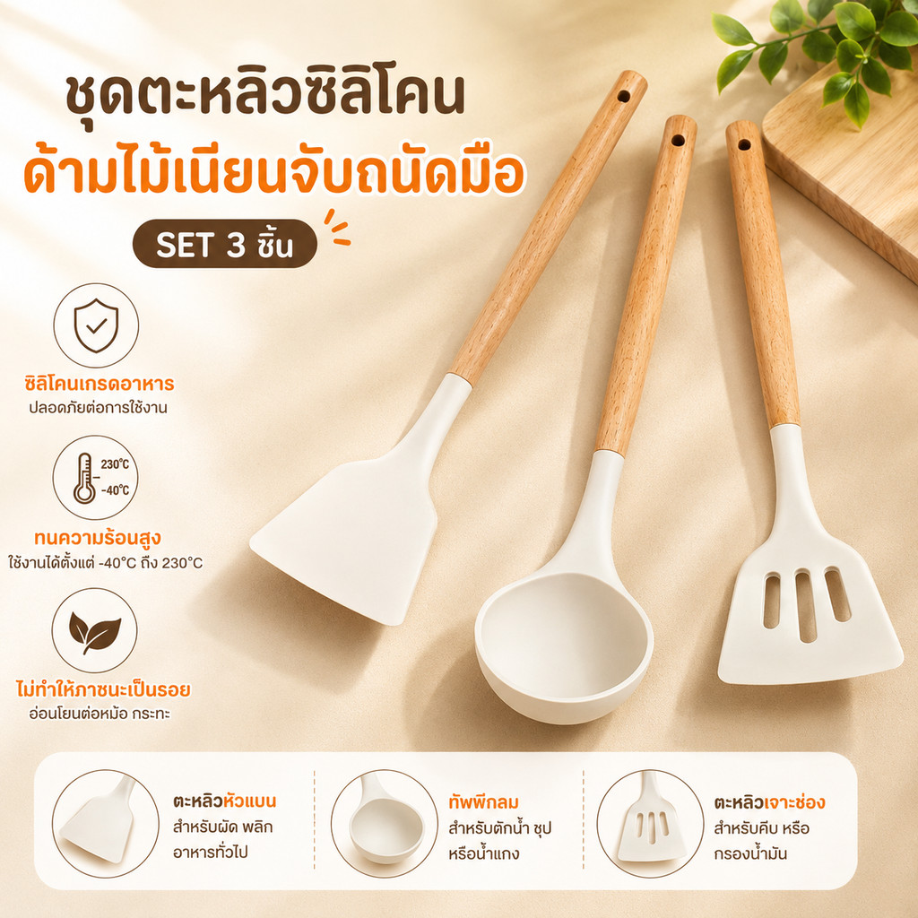 S00008 3PCS ขาว ซิลิโคน เครื่องครัว การปรุงอาหาร ชุดเครื่องใช้ ตะหลิว ซิลิโคน ทนความร้อน ทัพพี ไม้พาย ตะหลิวซิลิโคน 3ชิ้นชุดเครื่องครัวซิลิโคน ตะหลิวซิลิโคน
