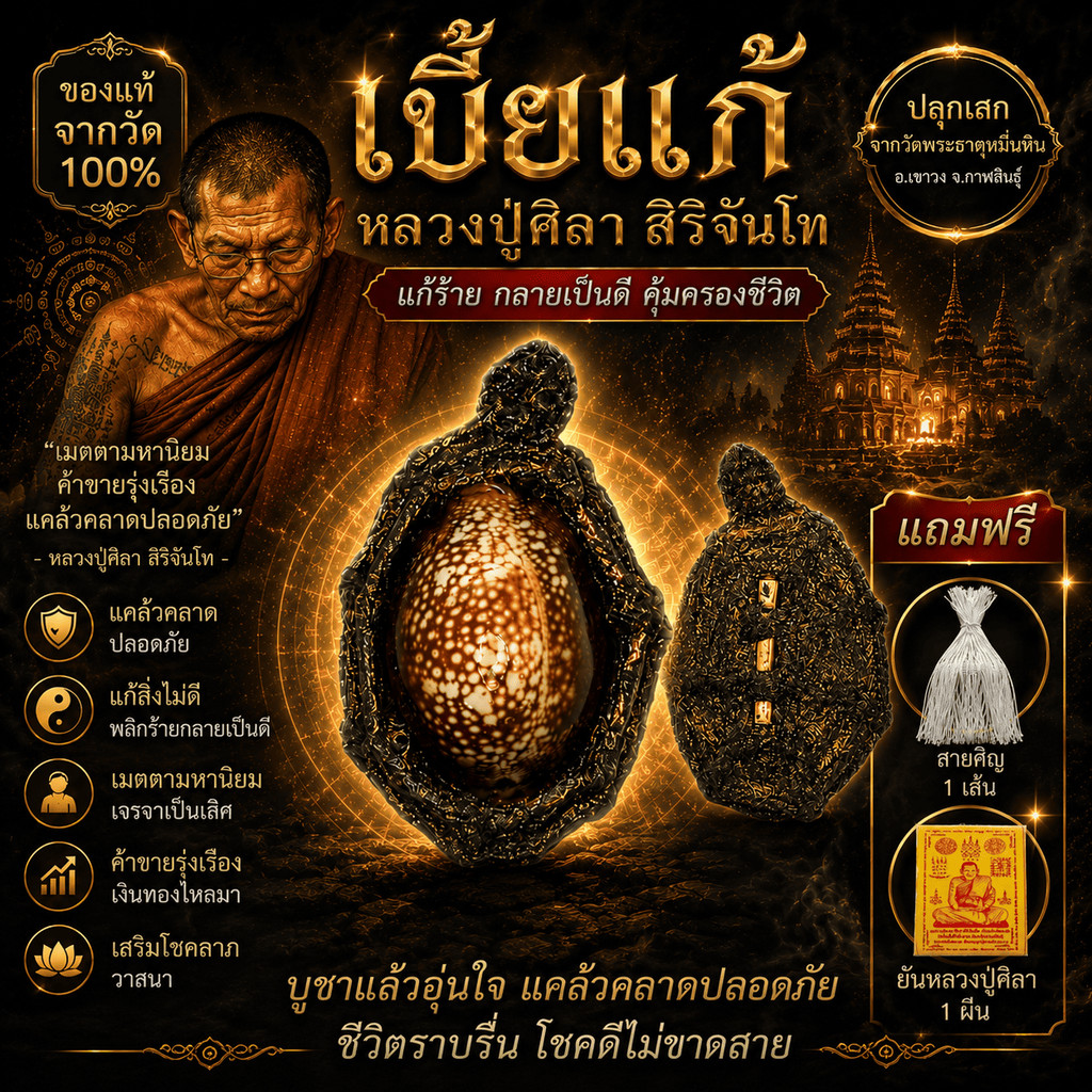 เบี้ยแก้จน แก้หนี้ หลวงปู่ศิลา ของแท้ พร้อมบทสวดและสายสิณ จากวัดพระธาตุหมื่นหิน ราคาหน้าวัด (รายได้ส่วนนึงนำไปบริจาควัด)