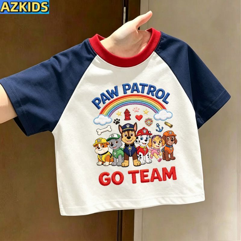paw patrol วังทีมการ์ตูนพิมพ์ฤดูร้อนสไตล์ใหม่เด็กน่ารักผ้าฝ้ายแท้แขนสั้นเสื้อยืด