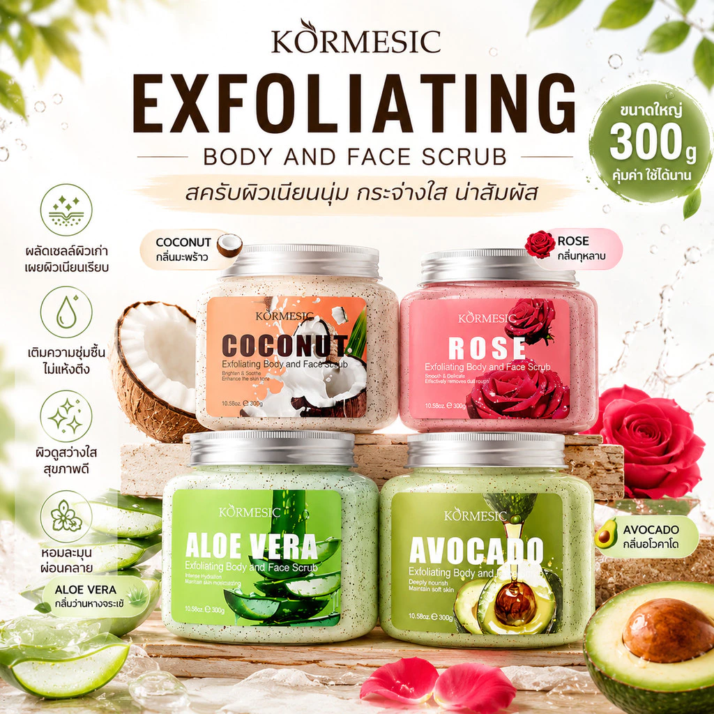 ส่งเร็ว สครับหน้าเนียน ผิว คาร์เมซิก Kormesic สครับสำหรับผิวหน้าและผิวกายที่มีส่วนผสมของอะโวคาโด และกุหลาบ 300g