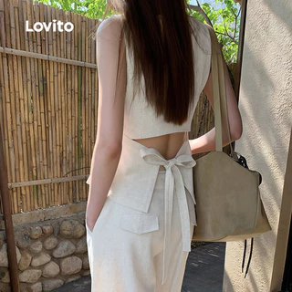Lovito เสื้อลําลองผู้หญิง ผูกเชือกด้านบน เรียบง่ายสําหรับฤดูใบไม้ผลิ/ฤดูร้อน สีแอปริคอท เกาหลี อินเทรนด์ LK4TAD348