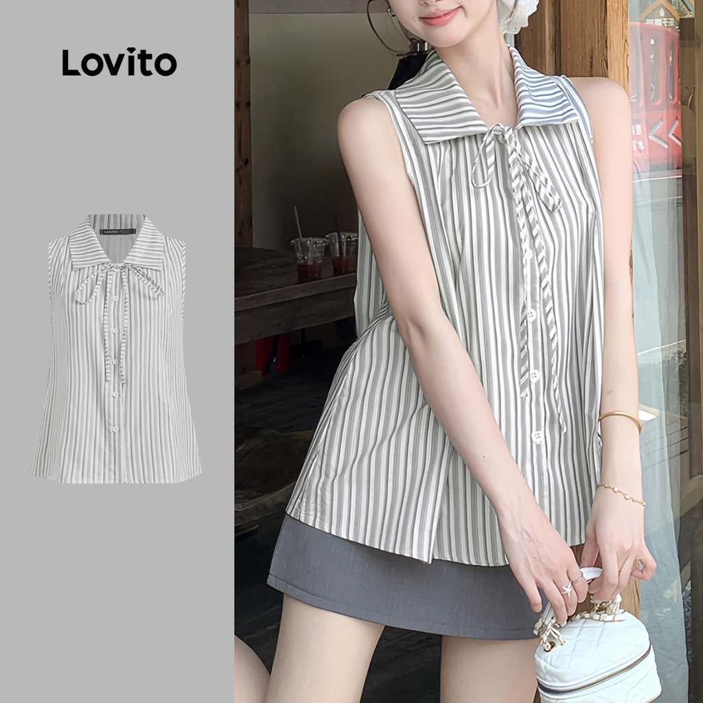 Lovito เสื้อลำลองผูกเชือกสำหรับเดินทาง ผ่อนคลาย ฤดูใบไม้ผลิ/ฤดูร้อน สำหรับผู้หญิง L144AD114