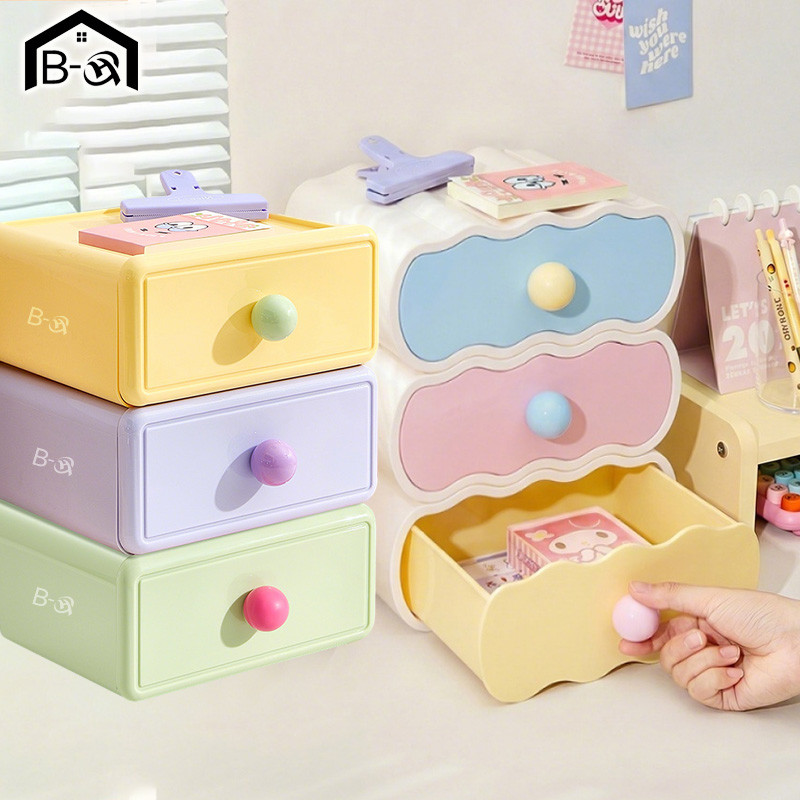 BHQ ลิ้นชักพลาสติก ออแกไนเซอร์บนโต๊ะ สีโดปามีนสดใส ซ้อนกันได้ กันฝุ่น กันชื้น