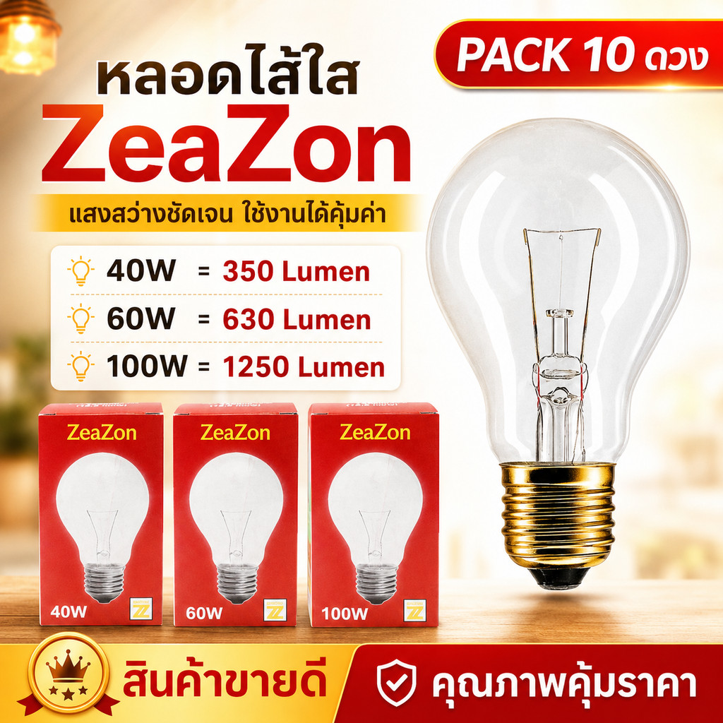 (แพ็ค 10 ดวง ) Zeazon หลอดไส้ 40W/60W/100W มีมอก. เกลียว E27 หลอดไฟ ตกแต่ง หลอดกกไก่ หลอดให้ความร้อน