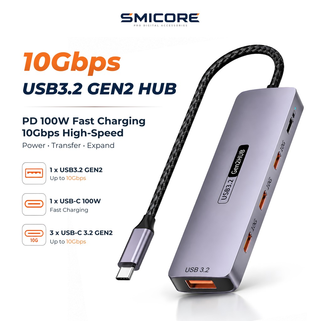 USB-C 10Gbps Hub 5-in-1 PD 100W USB 3.2 Gen2 อะแดปเตอร์ Type-C สำหรับ MacBook Laptop PC