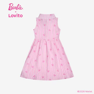 (New Arrival) Barbie™ X Lovito Kids ชุดเดรสสีชมพูเด็กผู้หญิง ฤดูใบไม้ผลิ/ร้อน ทรงปลายขาเข่า ปักลายและกระดุม เกาหลี อินเทรนด์ LBL5AD030
