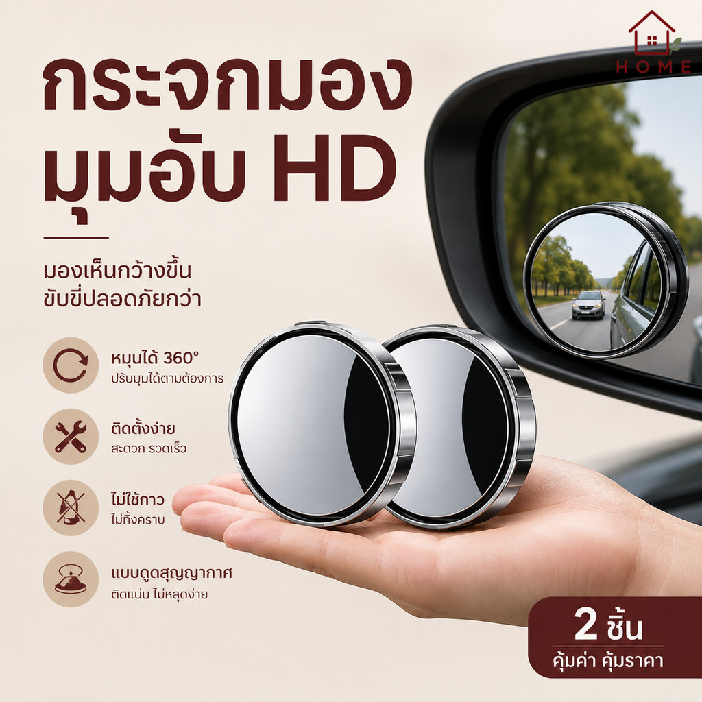 Home007 กระจกมุมอับรถยนต์ 360° แบบดูดสูญญากาศ กระจกช่วยถอยหลัง กระจกมองหลังเสริม ปรับหมุนได้ Blind Spot Mirror Car Rear