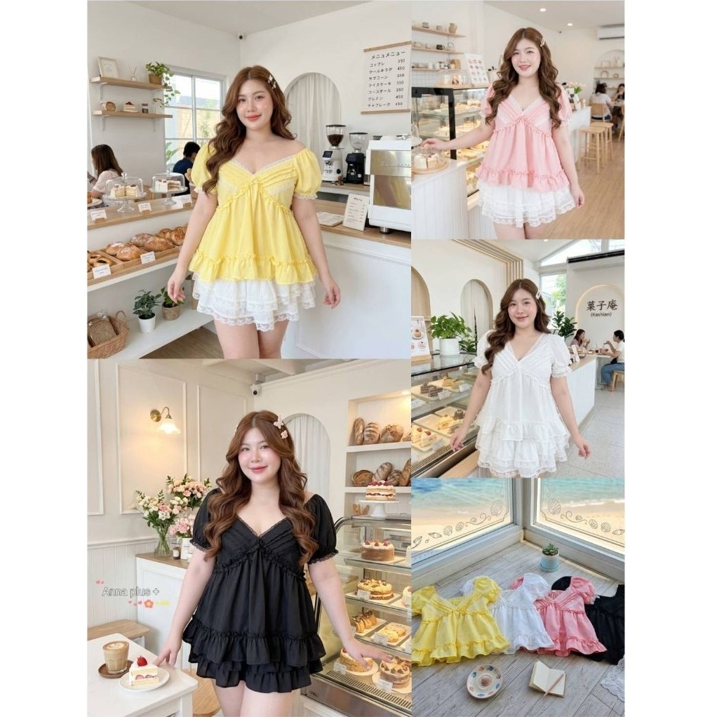 เสื้อสาวอวบคอวี ทรงสวยน่ารัก. แขนตุ๊กตาติดลูกไม้