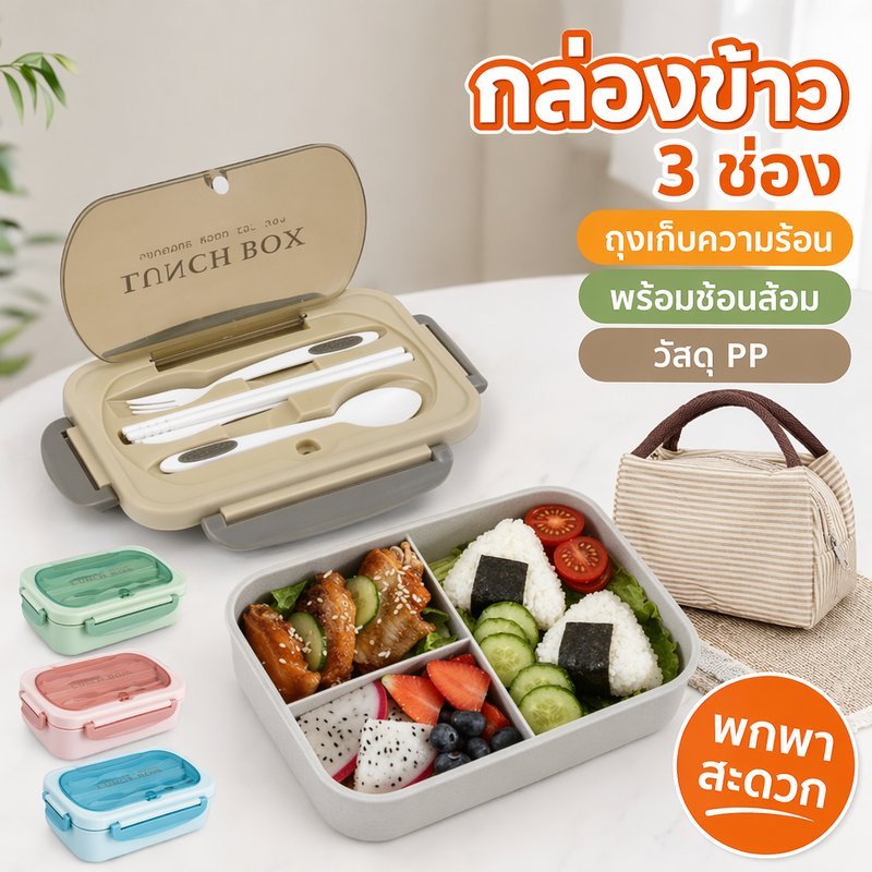 COD กล่องข้าวเบนโตะ 3ช่อง กล่องอาหารกลางวัน ถุงเก็บความร้อน ช้อนส้อม PP พกพา นักเรียน ออฟฟิศ