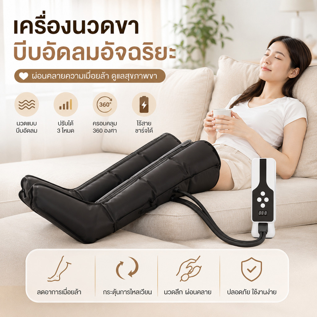 เครื่องนวดขาเพื่อการไหลเวียนและบรรเทาอาการปวด ระบบฟื้นฟูด้วยแรงดันอากาศเพื่อการฟื้นตัวของขาอย่างรวดเร็ว ลดความเมื่อยล้าข