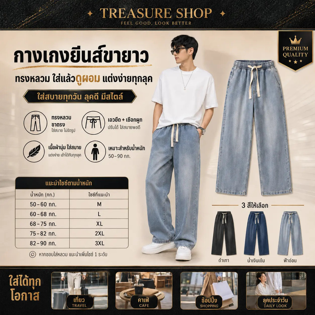 【จัดส่งจากไทย】กางเกงยีนส์ขายาวสำหรับผู้ชาย ทรงสลิมฟิต ผลิตจากผ้าฝ้ายยืดหยุ่นสูง เอวยางยืด ตกแต่งสายรัด เทรนด์สไตล์เกาหลี