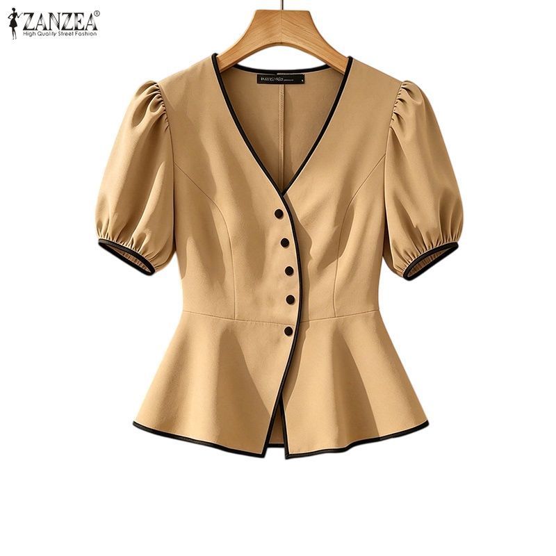 ZANZEA ผู้หญิงเกาหลี Elegant Officewear V คอพัฟแขนปุ่ม Contrast Edge Ruffles Hem เสื้อ