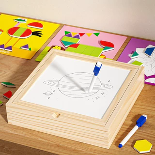 COD แทนแกรมแม่เหล็ก กระดานแม่เหล็ก จิ๊กซอว์ไม้ เรียนรู้รูปทรง Montessori ชุดแทนแกรม