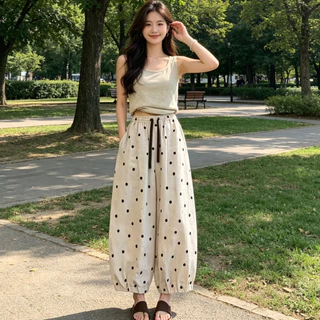 กางเกงขายาวหญิง รุ่นใหม่ ลายจุด ผ้าลินิน เอวสูง ขา 9 ส่วน ทรงฮาเร็ม พรางหน้าท้อง