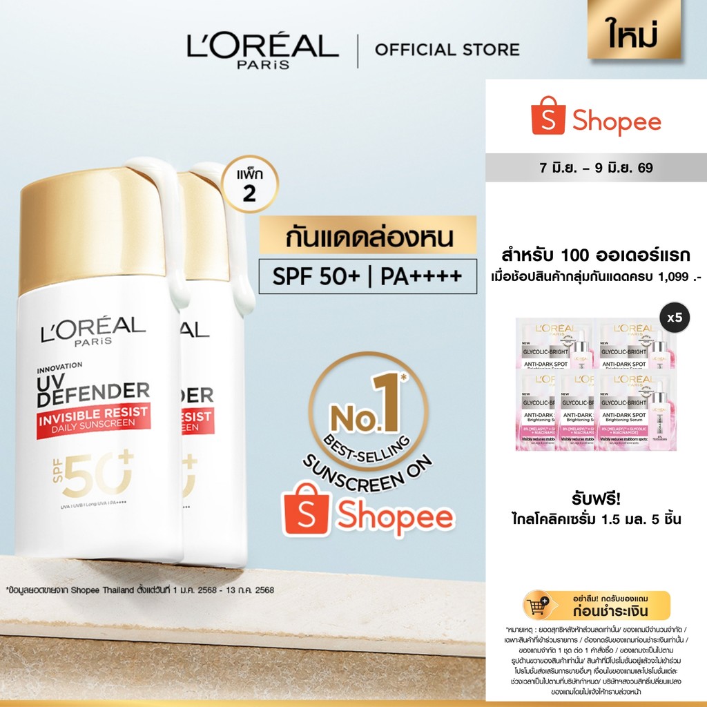 [แพ็กคู่] ลอรีอัล ปารีส L'Oréal Paris UV Defender Invisible Resist SPF50+ PA++++ 50ml กันแดดล่องหน บางเบา ไม่เหนอะหนะ