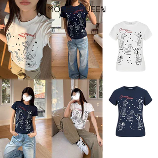 MOSESQUEEN เสื้อยืดแขนสั้นพิมพ์ลายสุนัขลายจุดดั้งเดิมอเมริกันสําหรับผู้หญิงฤดูร้อนเสื้อคอกลมสไตล์ใหม่ #63682