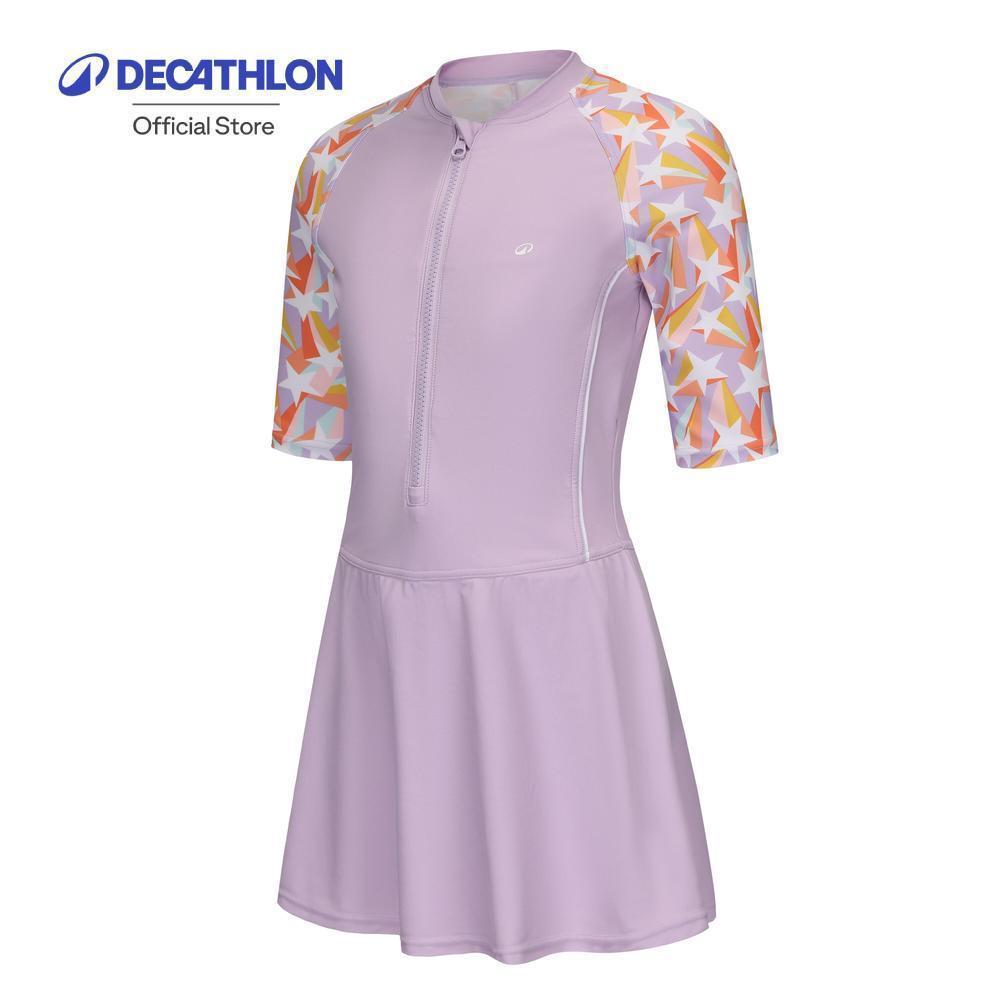 Decathlon Girl One-Piece Swimsuit Una Zip Skirt ชุดว่ายน้ำวันพีซทรงกระโปรงเด็กผู้หญิง รุ่น Una (ลาย All Star) - Purple
