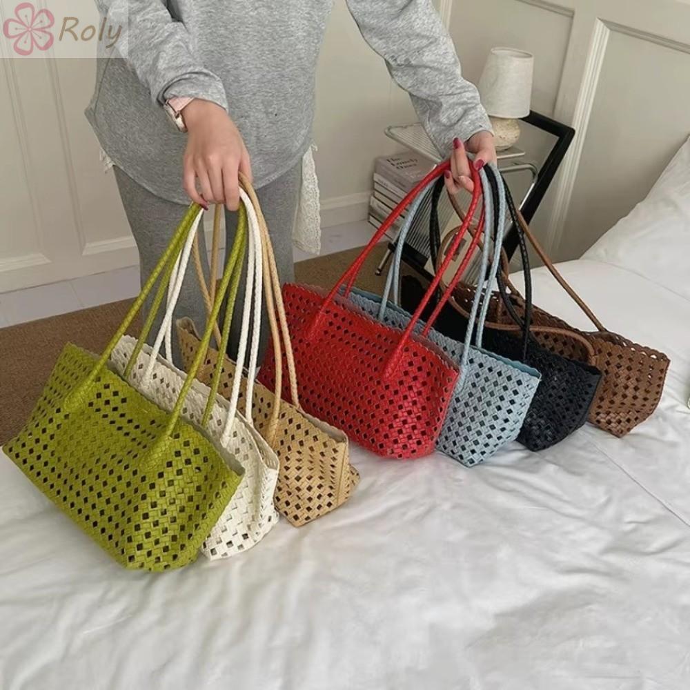 ROLY ทอ Tote PU หนังขนาดใหญ่ความจุ Hollow Out กระเป๋าสะพาย, Hollow Out 25x17x12 ซม.พร้อมกระเป๋าด้านใน PU กระเป๋าถือหนังฤดูร้อน