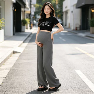 กางเกงคนท้องผ้าเย็นบาง ทรงตรง เอวปรับเชือก ขากว้าง ไม่รัดท้อง สไตล์เกาหลีฤดูร้อน