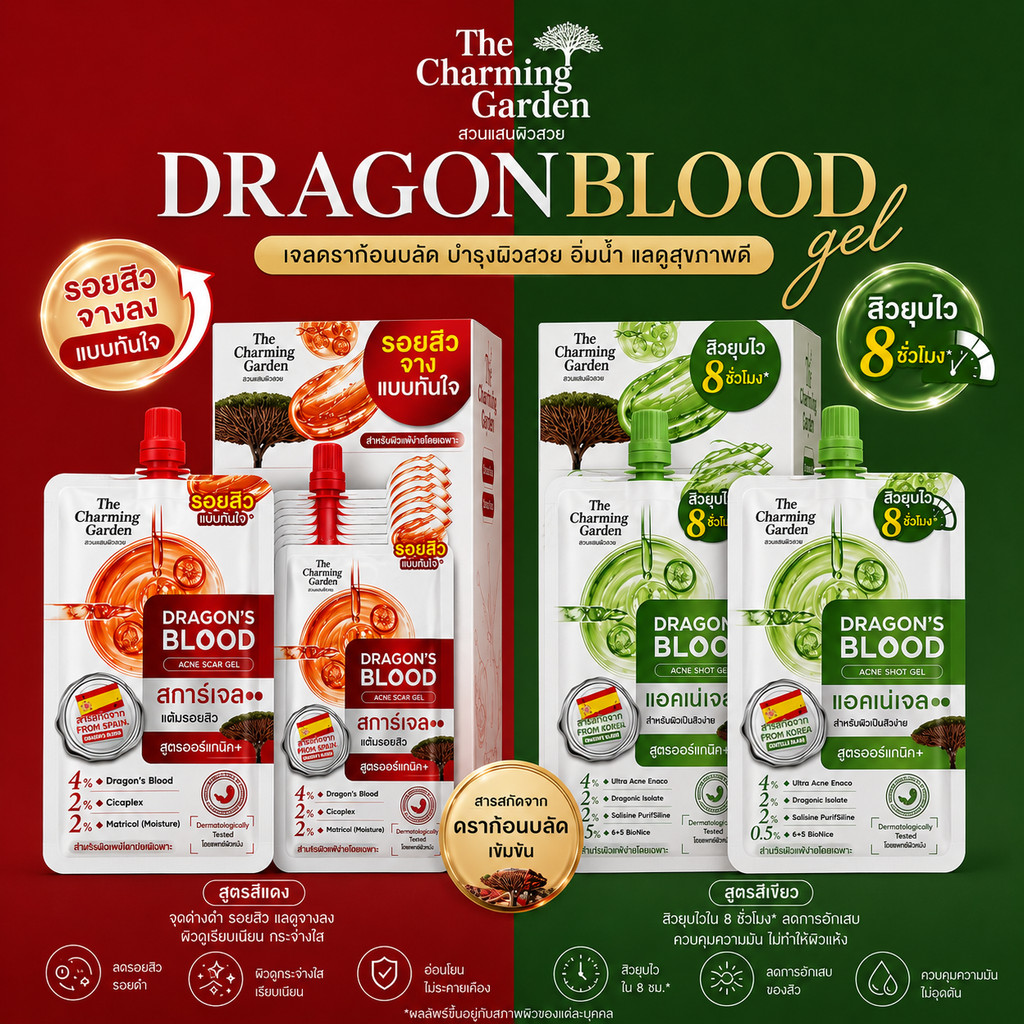 ยกกล่อง 6ซอง The Charming Garden Dragon's Blood เจลดราก้อนบลัด รอยสิว ลดสิวอักเสบ 7กรัม