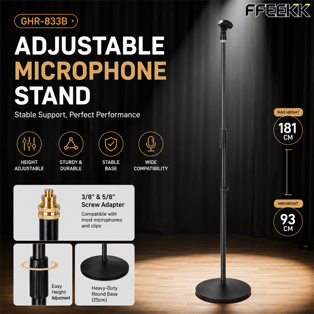 ขาตั้งไมค์แบบตรง แบบบีบ ฐานกลม Mic Stand รุ่น 833B ความสูง 93-181 ซม.