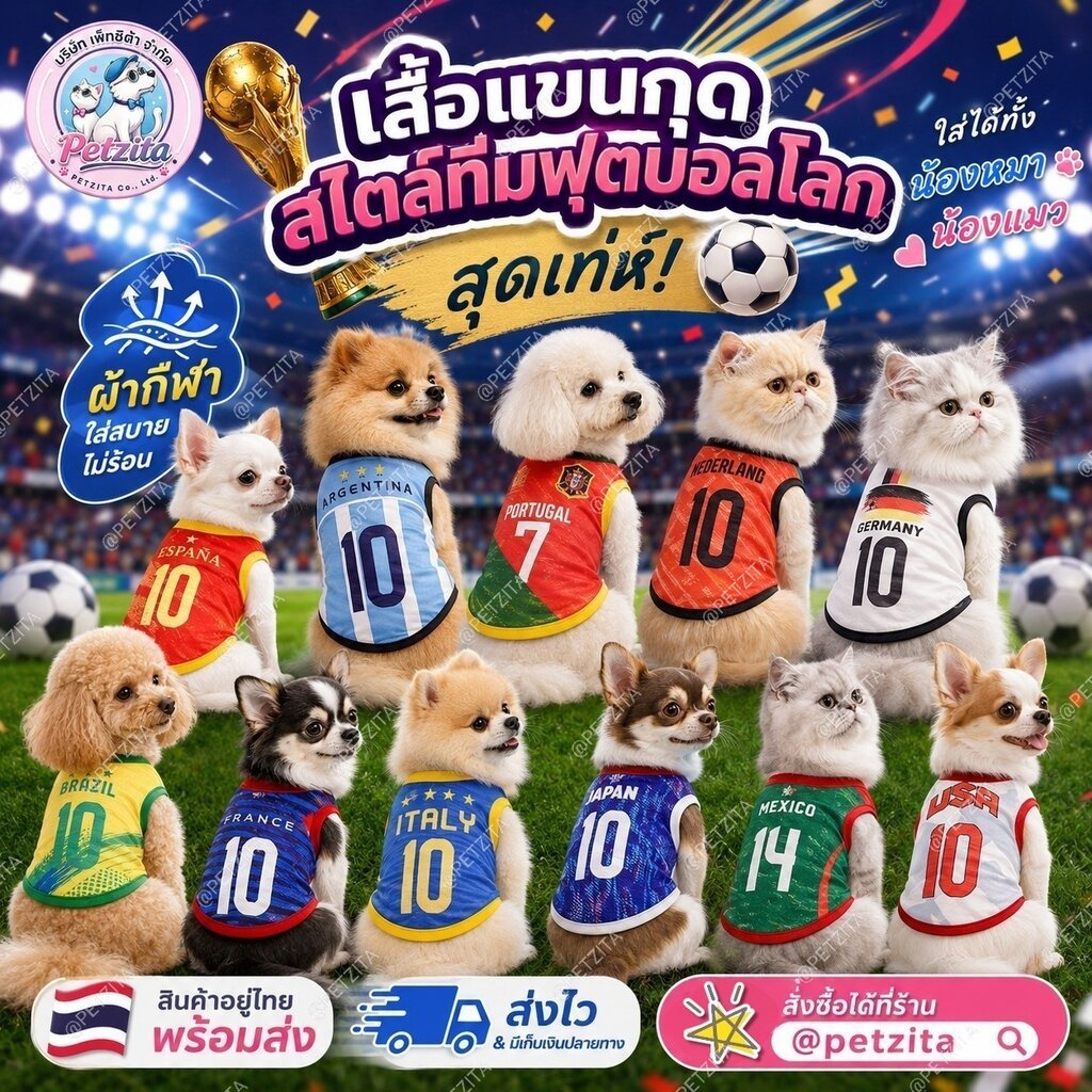 🇹🇭พร้อมส่ง🇹🇭 ⚽️🏀 เสื้อแขนกุดทีมบอลโลก เสื้อกล้ามกีฬา ผ้าใส่สบาย สำหรับสัตว์เลี้ยง สุนัข หมา แมว