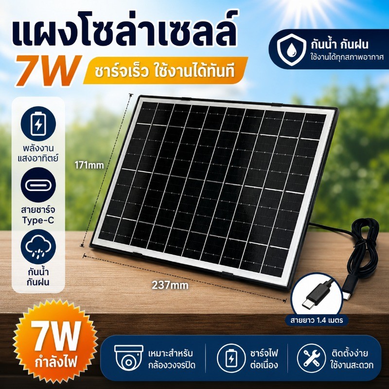 NEW แผงโซล่าเซลล์ 7W  สายชาร์จType-C สายยาว1.4M  แผงโซล่าขนาดใหญ่ กล้องวงจรปิด กันน้ำกันฝน