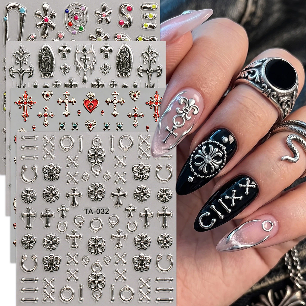 HAMA Y2K โลหะ 3D สติ๊กเกอร์ติดเล็บ Gothic Silver Cross Heart Star Line Design Nail Art Decals Self-Adhesive DIY ตกแต่งเล็บ