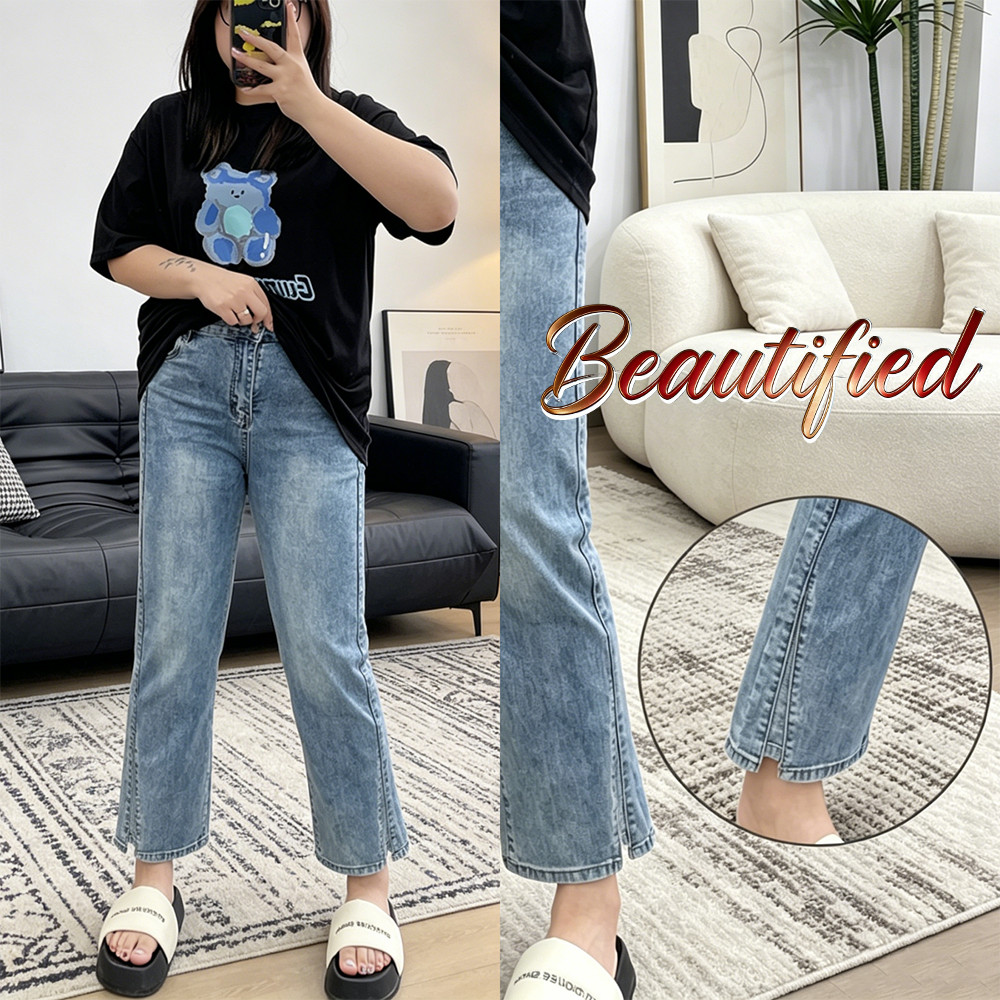 beautified กางเกงยีนส์เอวสูง9 นิ้วผ้ายืดสีฟ้าอ่อน ดูผอมเก็บพุง สไตล์เกาหลี ใส่ชีวิตประจำวัน ไซส์ S-XXL พร้อมส่ง