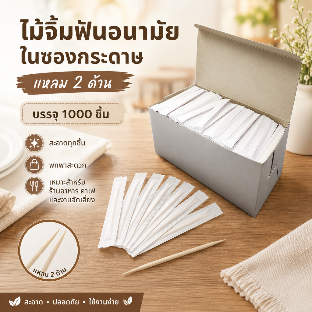 ไม้จิ้มฟันอนามัย บรรจุแพ็ค1,000ชิ้น แยกซอง ไม้จิ้มฟันแหลม ไม้จิ้มฟัน (DK-TP-001)