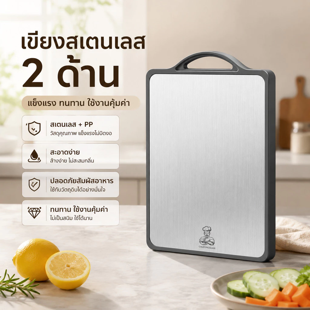 เขียงสแตนเลสสองด้าน รุ่นมีหูจับ เขียงอเนกประสงค์หนาแน่น หยิบง่ายใช้งานสะดวก เครื่องครัวพรีเมียม พร้อมส่ง
