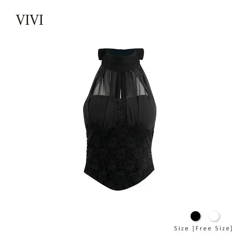VIVIวิวิ สูงสุดผูกคอผูกหลังลูกไม้ ดํา/ขาว ไซส์ ส-เอ็กแอล ผ้าตาข่ายผสมลูกไม้ เสื้อผ้าผู้หญิง