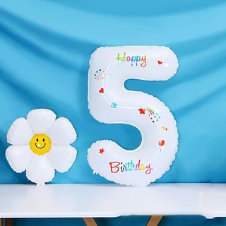 ขาว ลูกโป่งตัวเลข（ตัวเลข 0-9 ） ลูกโป่งฟอยล์ สีขาวพิมพ์ลายด้านเดียว อลูมิเนียมฟอยล์ วันเกิด ตัวอักษร 32นิ้ว