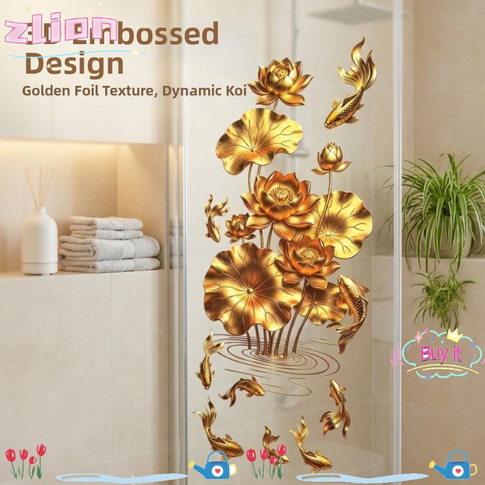 ZLION Golden Lotus สติ๊กเกอร์ติดผนัง, Anti-static พลาสติกดอกไม้ Koi สติกเกอร์,สไตล์ผลสติกเกอร์ตกแต่งสําหรับห้องน้ําห้องนั่งเล่นและห้องนอน