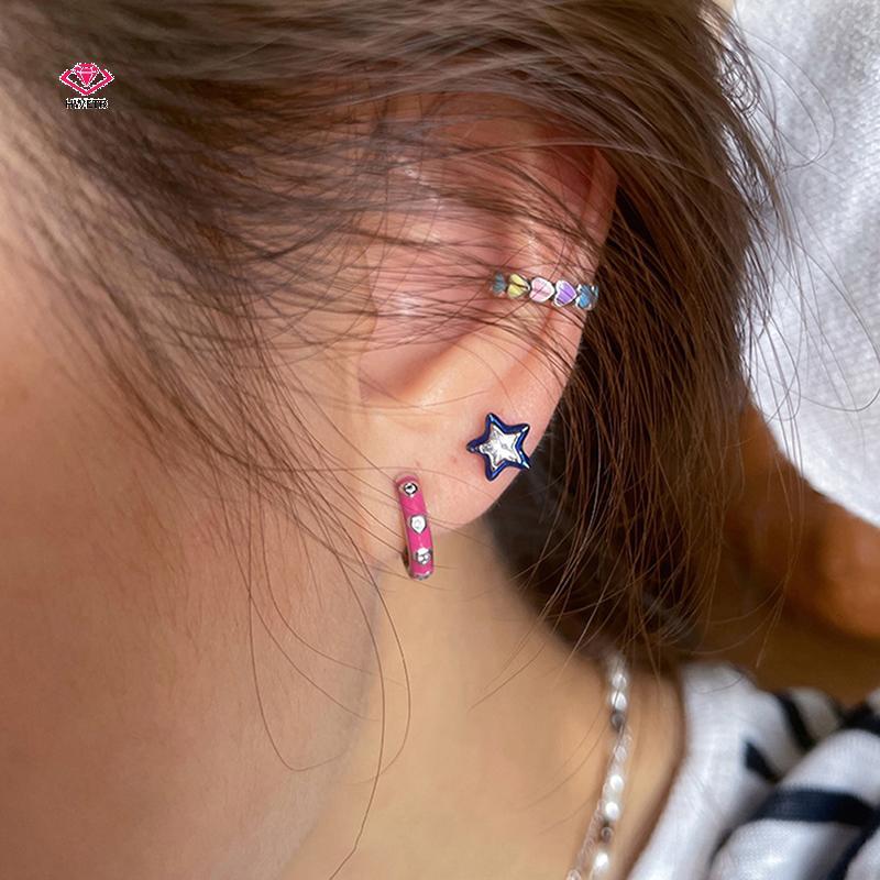 [HWETR] Trend Blue Crystal Star Pentagram Mini Stud ต่างหูสําหรับผู้หญิง Cool Sweet Aesthetic ต่างหูแฟชั่น Y2k เครื่องประดับ