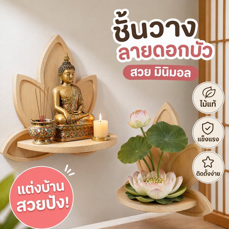 ชั้นวางของติดผนัง ดอกบัว ไม้ธรรมชาติ วางเทียน พระพุทธรูป ตกแต่งบ้าน สไตล์เซน ห้องพระ
