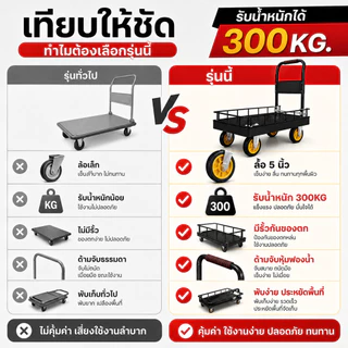 รถเข็นของ รถเข็นพับได้ 4 ล้อ มีรั้วเหล็กกันของหล่น รับน้ำหนัก 300 กิโลกรัม ขนาด 90x60 ซม.
