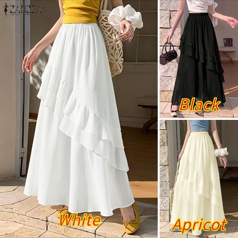 ZANZEA ผู้หญิงเกาหลี Elegant Ladylike เอวยางยืด Ruffles Splicing หลวม Maxi A-Line Oversirt — صورة 3