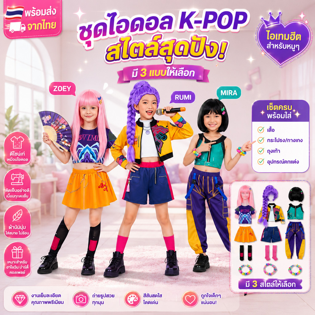 พร้อมส่งจากไทย✨ ชุดคอสเพลย์ KPOP DEMON HUNTERS RUMI ZOEY MIRA ชุดไอดอล K-POP สำหรับฮาโลวีน ปาร์ตี้ และคอสเพลย์🎤💖
