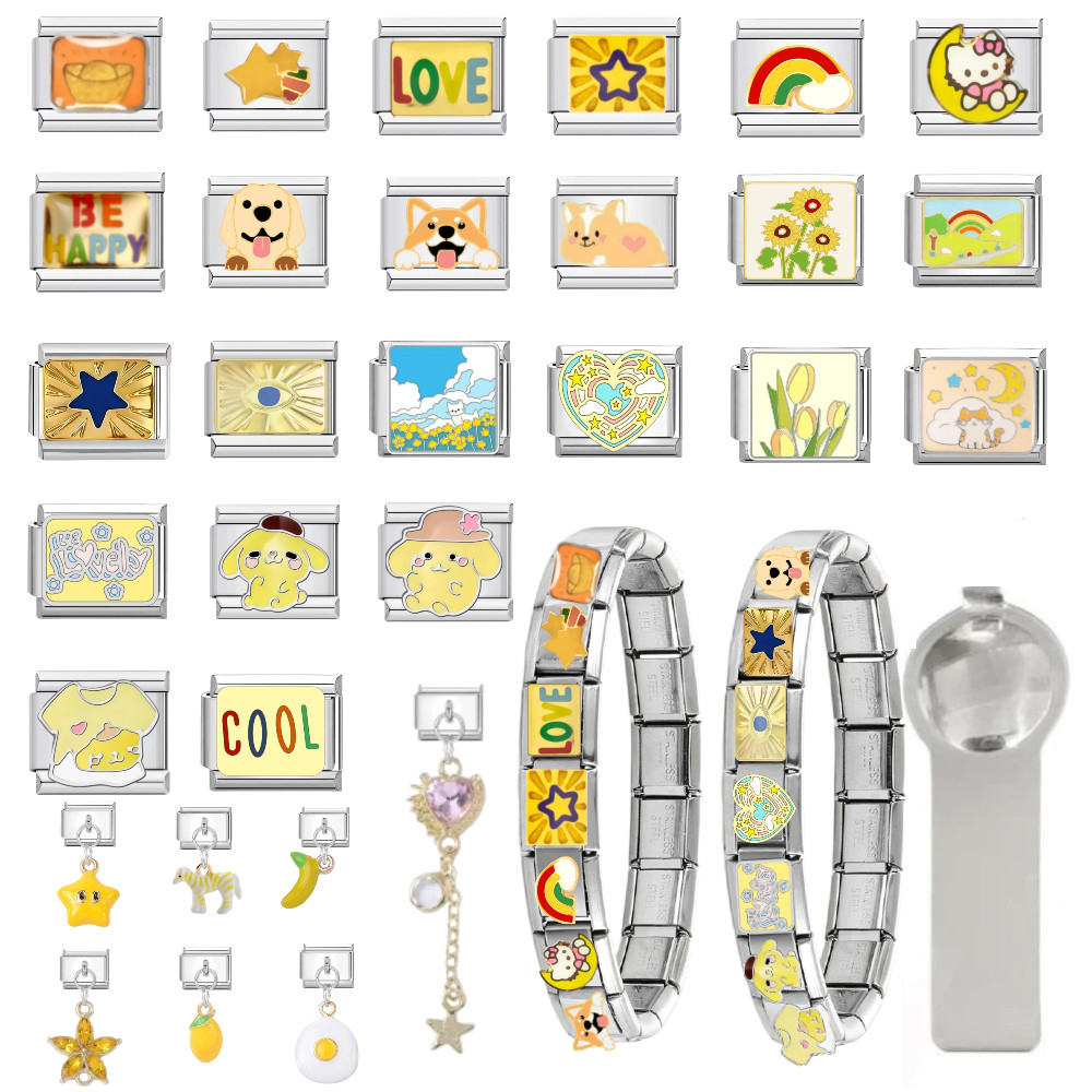 สีเหลืองสไตล์อิตาลีสร้อยข้อมือเสน่ห์ลิงค์พอดี9มิลลิเมตรสร้อยข้อมือสแตนเลส ทําเอง เครื่องประดับทํา