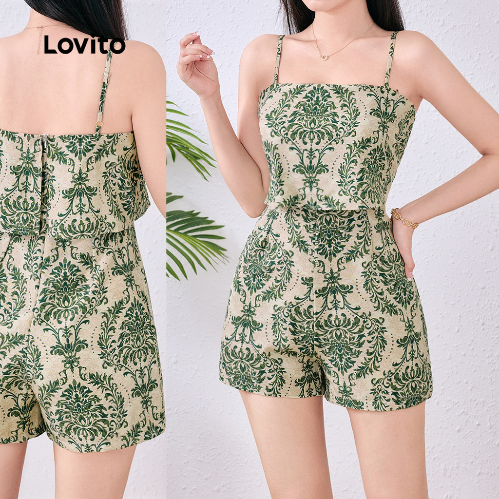 Lovito จั๊มสูทลายชนเผ่าสองชั้นสไตล์โบโฮสำหรับฤดูร้อน/ฤดูใบไม้ผลิสำหรับผู้หญิง L124AD940
