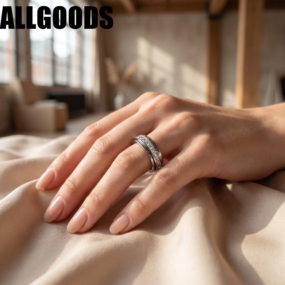 ALLGOODS แหวนหมุน,เหล็กไทเทเนียม Minimalist Full เจาะแหวน, Delicate Elegant Light Luxury ประณีต Vintage Zircon Spin แหวนของขวัญวันเกิด