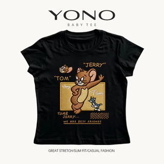(พร้อมส่ง24ชม.) baby tee สีครีม ลายการ์ตูนแมวหนูวินเทจ ทรงเข้ารูป สไตล์อเมริกันน่ารัก ใส่สบายแมตช์ง่าย