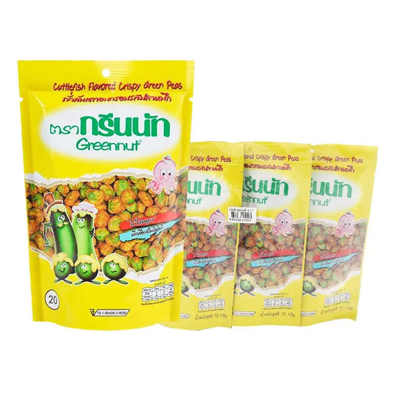 กรีนนัท ถั่วลันเตาอบกรอบ รสปลาหมึก 70 ก. x 3 (GREENNUT Crispy Green Peas Cuttlefish 70 g x 3) โปโลแมน POLOMAN